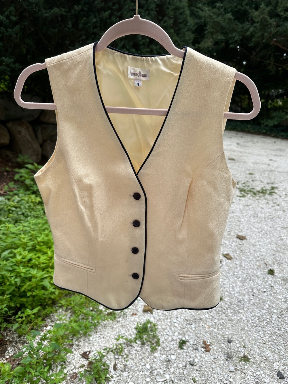Neiman Marcus Cream Buttoned Vest with Black Trim